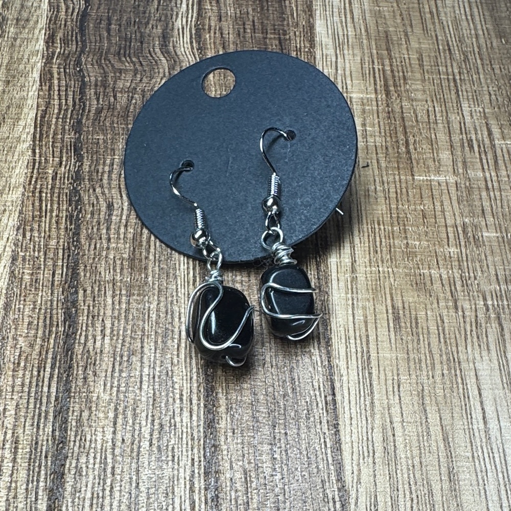 Black Agate and Silver Wire Wrapped Earrings
